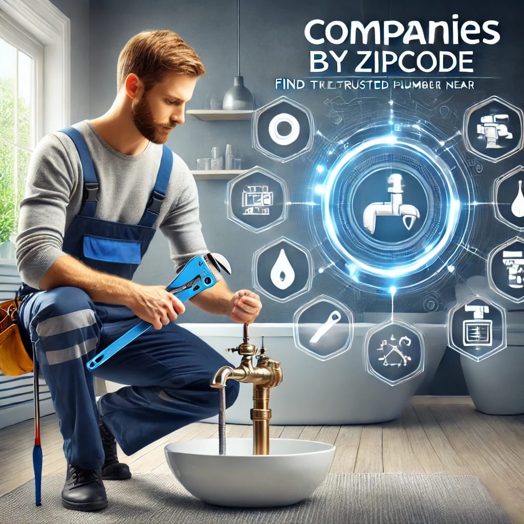 Promotional image for companiesbyzipcode.com featuring a plumber fixing a faucet in a modern home interior. Includes icons for pipe repair, leak detection, and water heater installation, with the tagline 'Find Trusted Plumbing Experts Near You.' Branded with companiesbyzipcode.com and designed in professional blue, white, and gray colors.