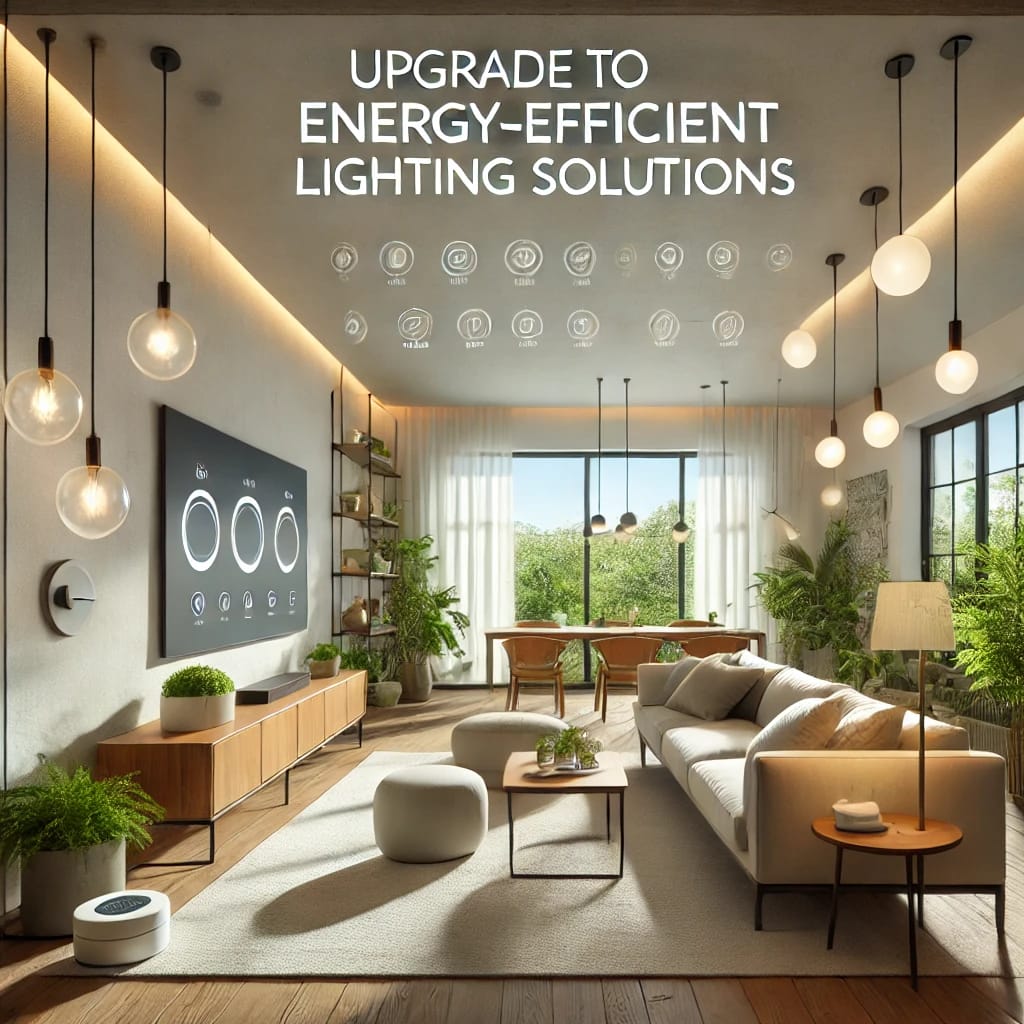 "Modern living room with LED lighting fixtures and sustainable decor, highlighting energy-efficient lighting solutions."