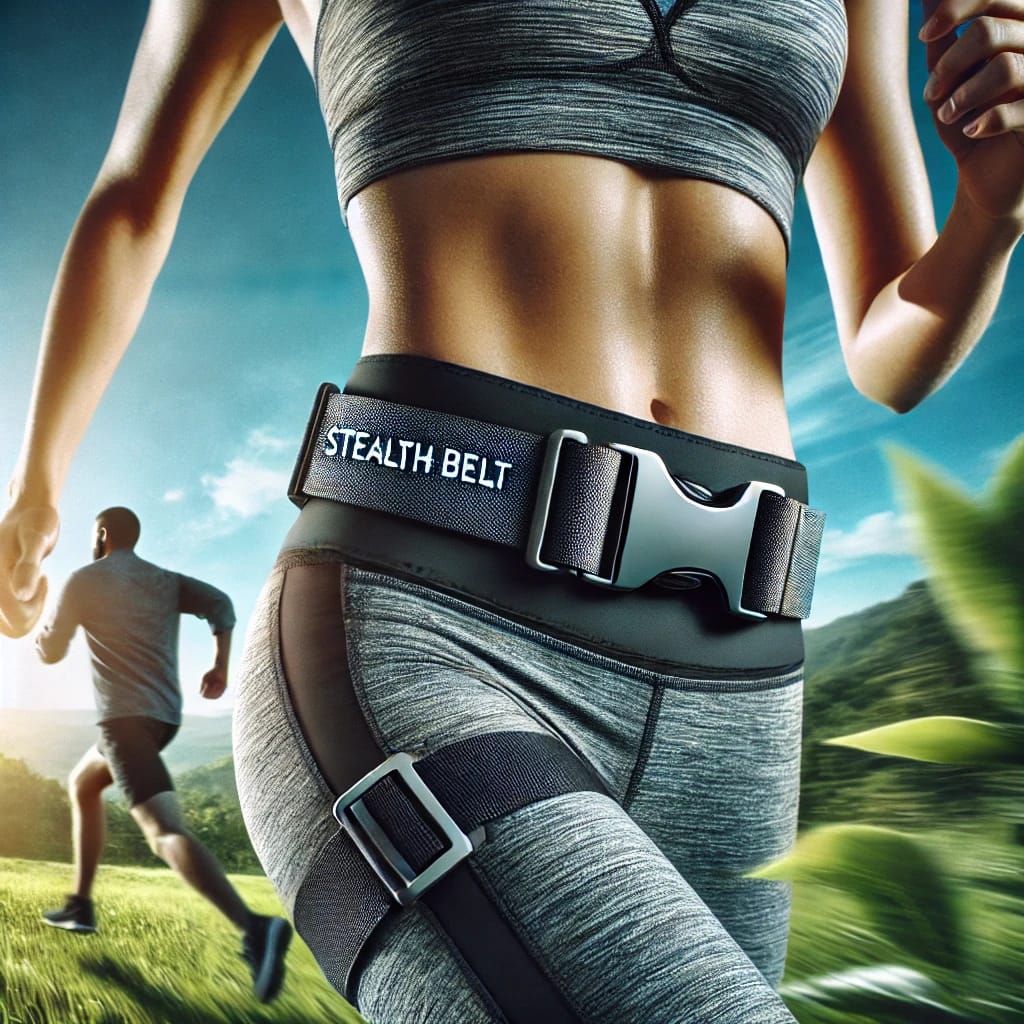A close-up of a person wearing a Stealth Belt while running outdoors, showcasing the belt’s discreet fit and secure support during physical activity.