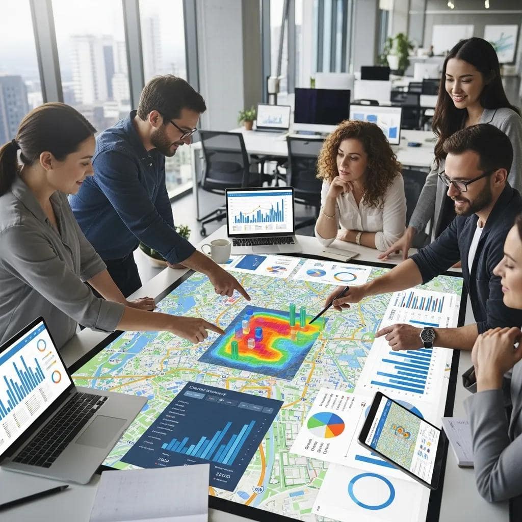 Diverse business professionals collaborating on local business data strategies