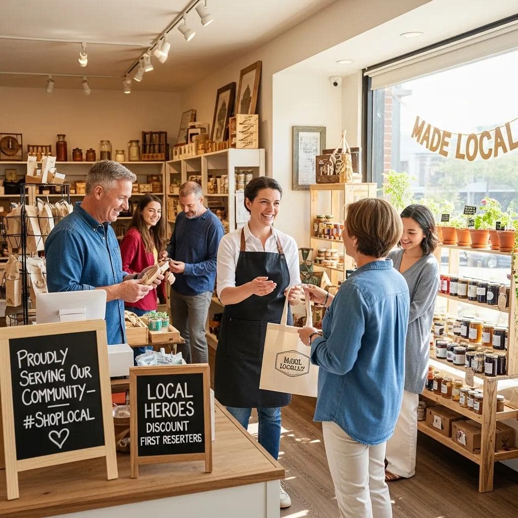 Small business owner engaging with customers, showcasing local marketing benefits