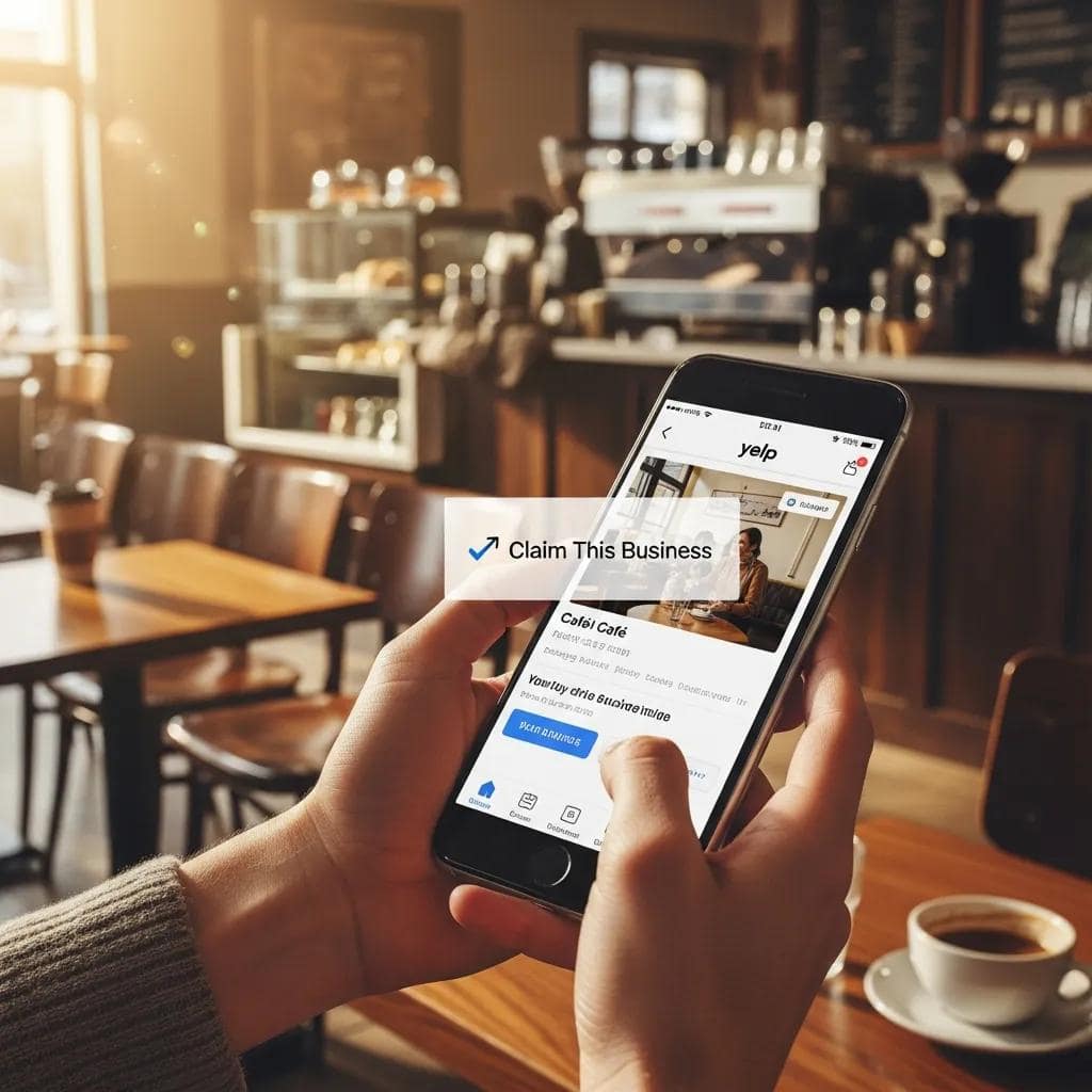 Smartphone displaying the Yelp app for claiming a business page in a café setting
