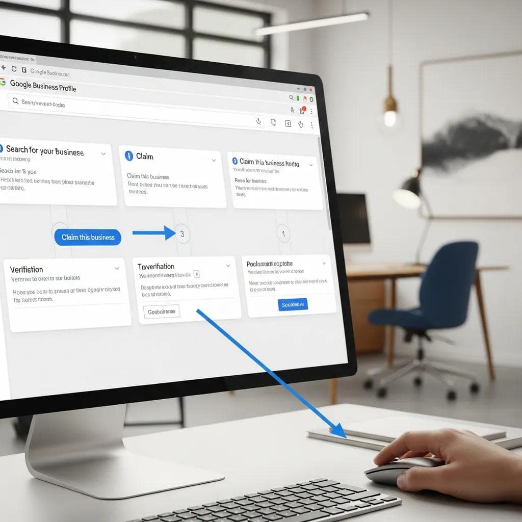 Step-by-step process of claiming a Google Business Profile on a computer screen