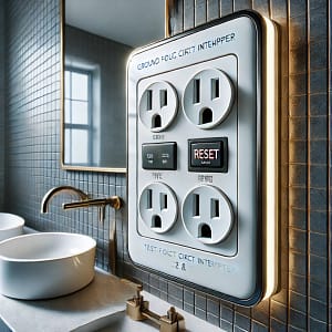 "Close-up of a Ground Fault Circuit Interrupter (GFCI) outlet installed in a bathroom, highlighting safety in moisture-prone areas."