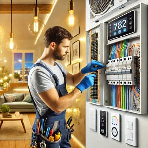 Electrician upgrading a modern electrical panel with energy-efficient lighting and smart home systems in the background.